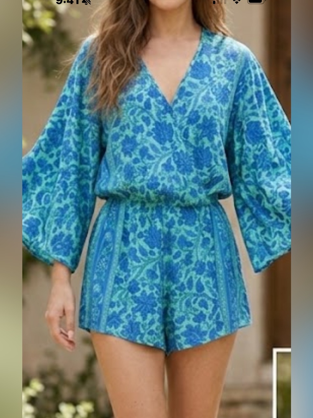 ASUDAN Silk Paisley Crossover Wrap Front Romper Blue Green medium